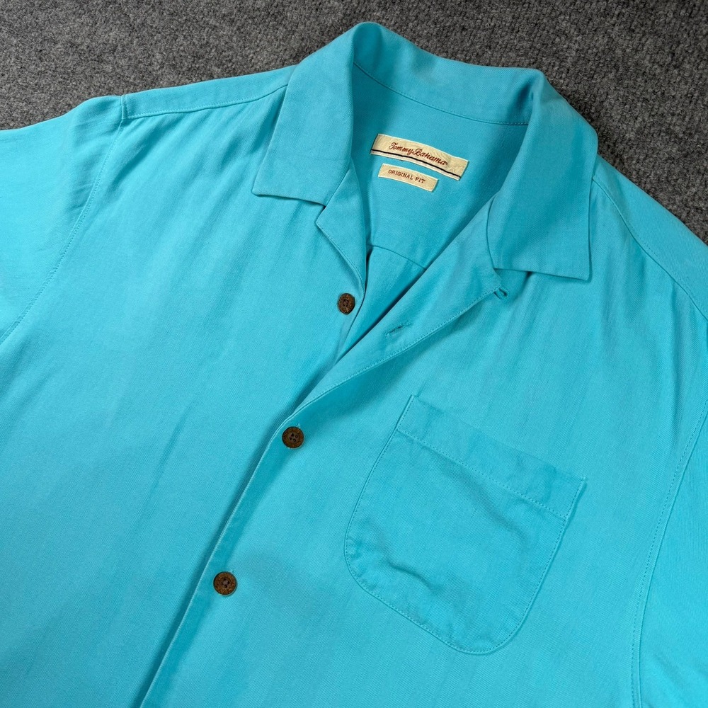 Tommy Bahama Silk Camp Shirt Mens Medium Turquoise Blue Herringbone Original Fit - Picture 2 of 8